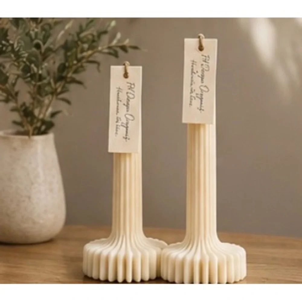 PH Design Organics Sculptural Pillar Candles Set of 2 Ivory Fluted Soy Wax NEW